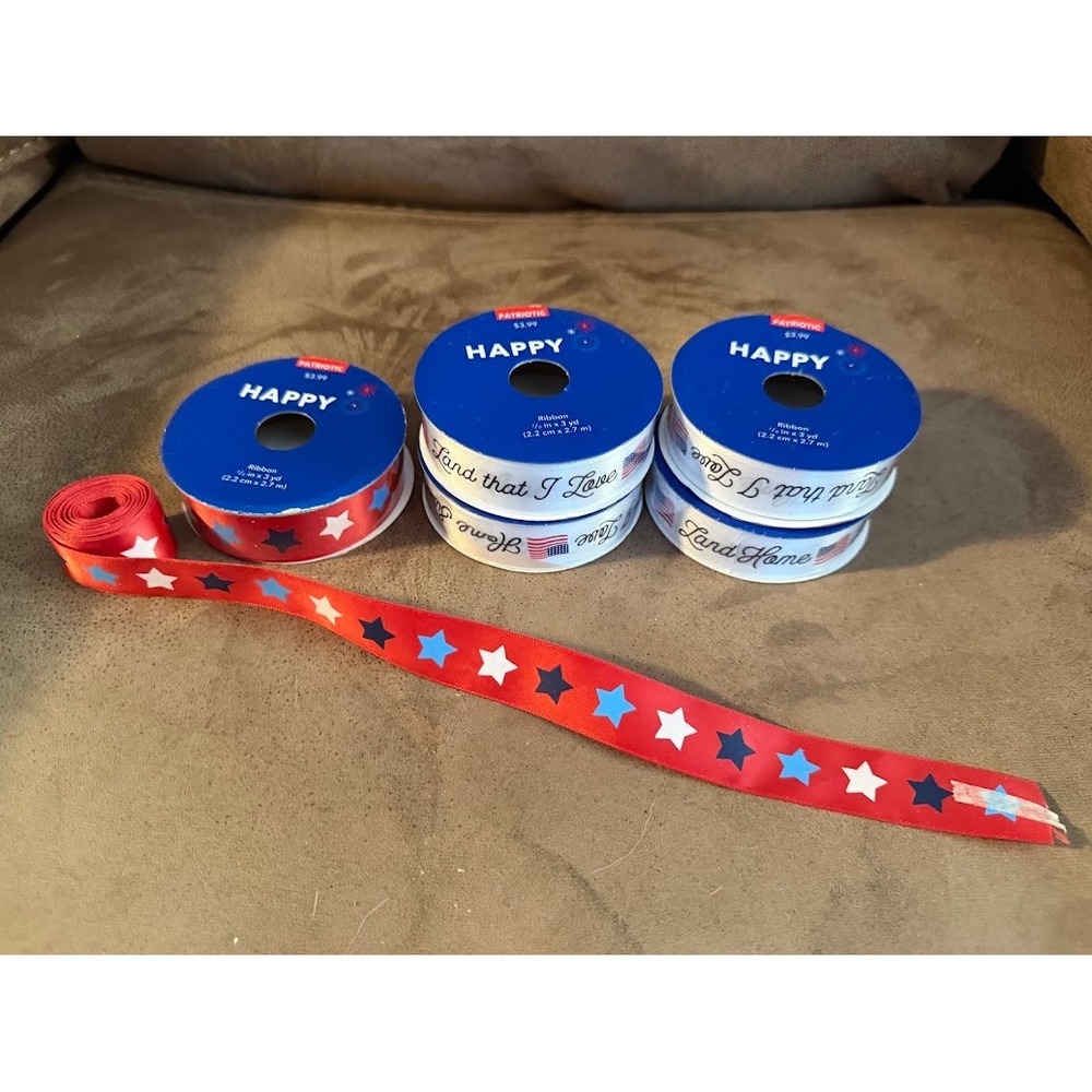 Patriotic Ribbon Bundle 5 Spools Stars American Flag Land that I Love 7/8in 3yd